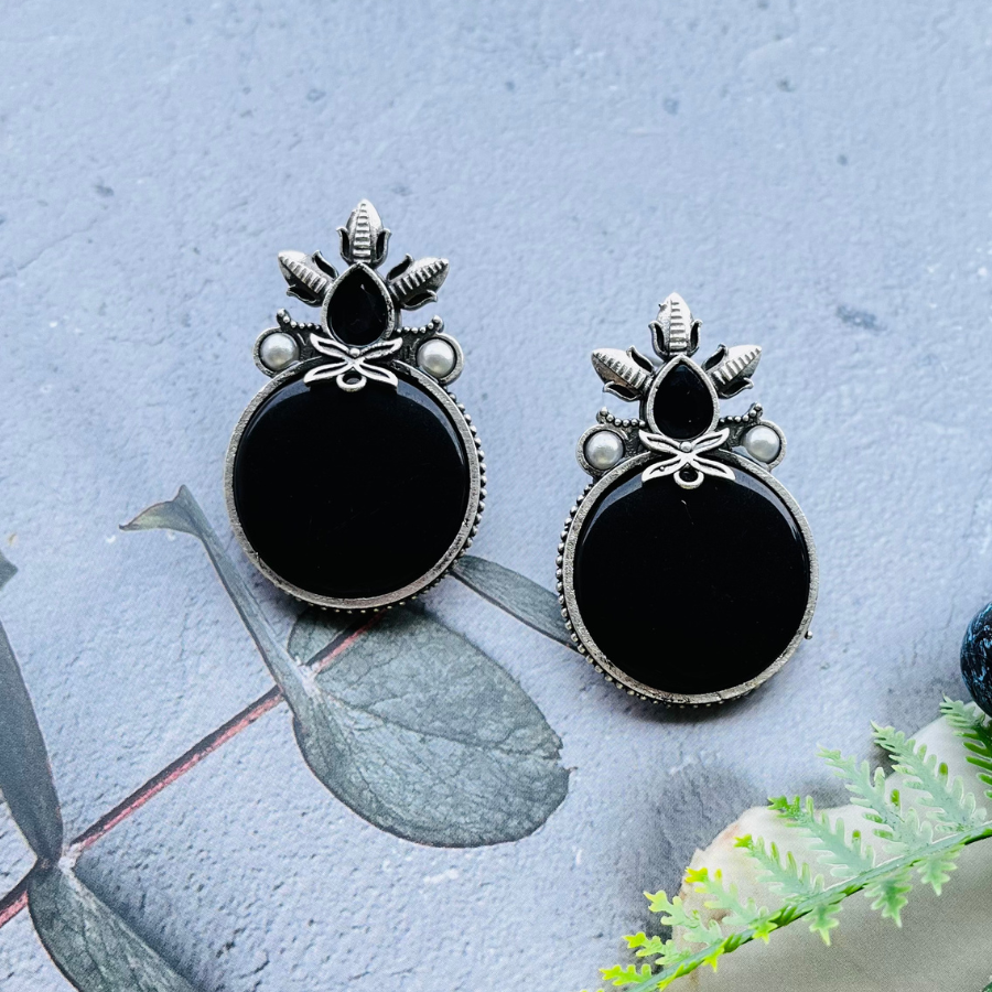 Black Silver Plated Monalisa Stone Stud Earrings