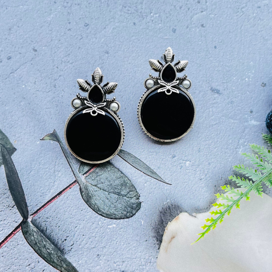 Black Silver Plated Monalisa Stone Stud Earrings