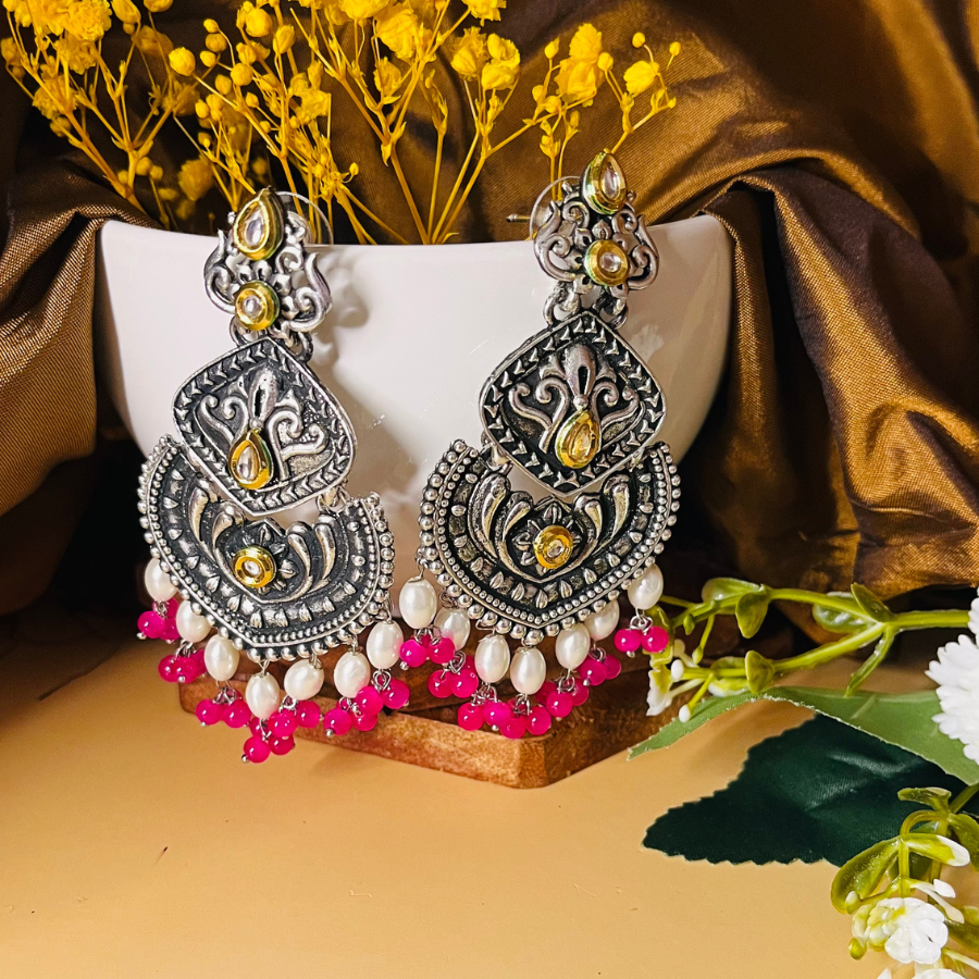 Pink Stone Oxidised Dual Tone Earrings