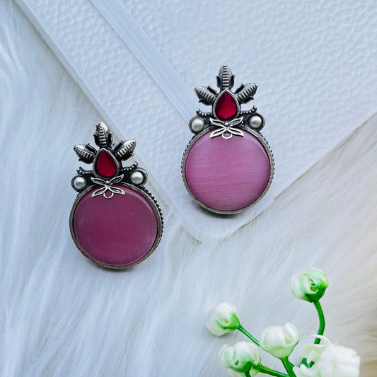 Pink Silver Plated Monalisa Stone Stud Earrings