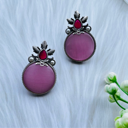 Pink Silver Plated Monalisa Stone Stud Earrings