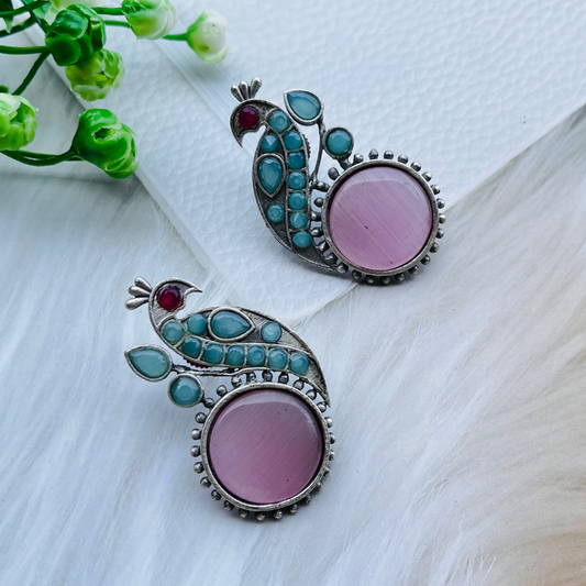 Peacock Silver Plated Monalisa Stone Stud Earrings