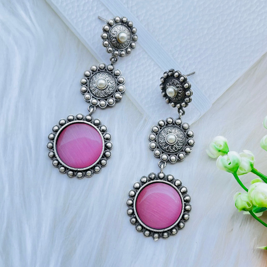 Pink Oxidised Silver Plated Monalisa Stone Drop Earrings