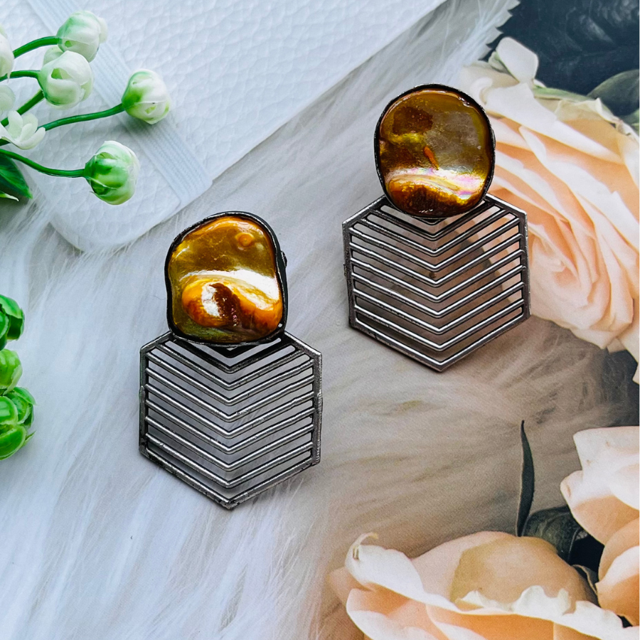 Orange MOP Pentagon Shaped Hoop Earrings