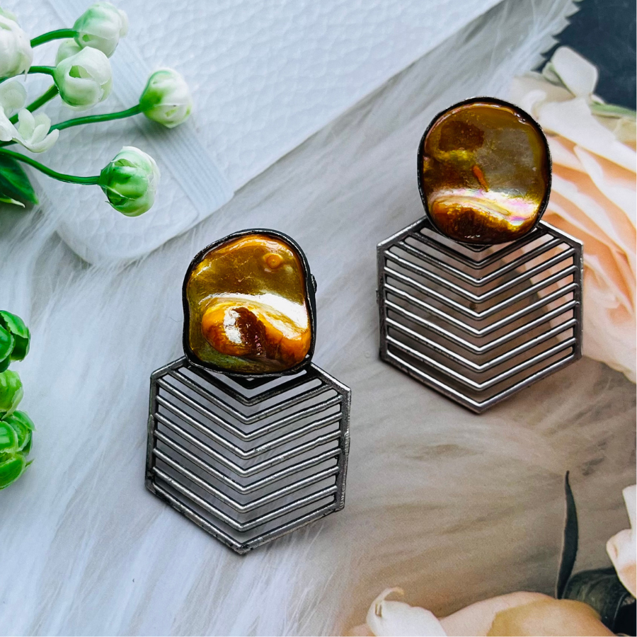 Orange MOP Pentagon Shaped Hoop Earrings