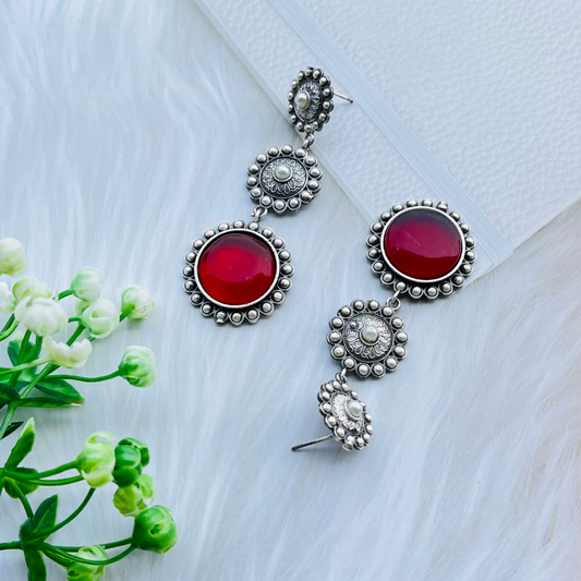 Red Oxidised Silver Plated Monalisa Stone Drop Earrings