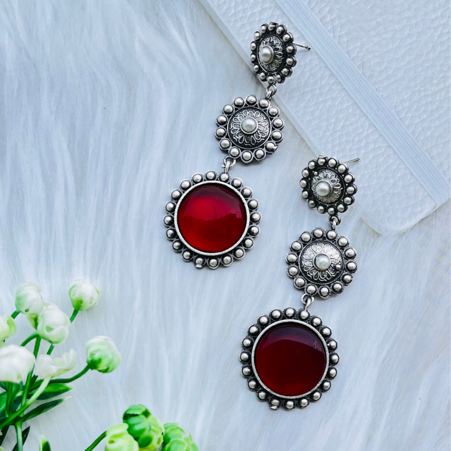 Red Oxidised Silver Plated Monalisa Stone Drop Earrings
