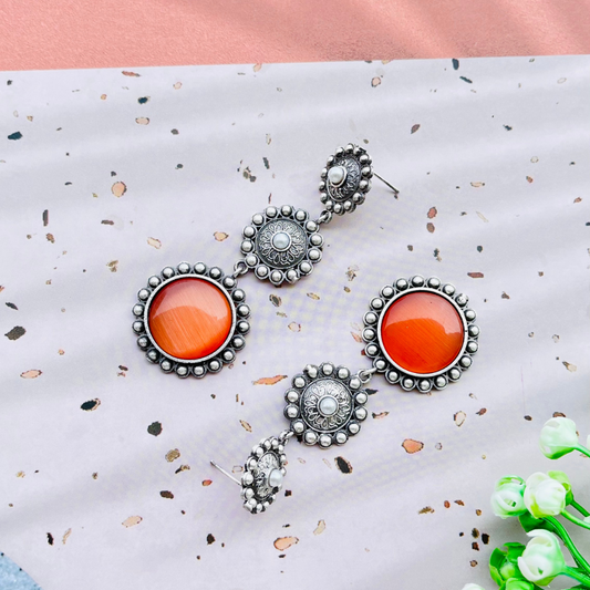 Orange Oxidised Silver Plated Monalisa Stone Drop Earrings