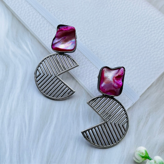 Pink MOP Pacman Shape Hoop Earrings