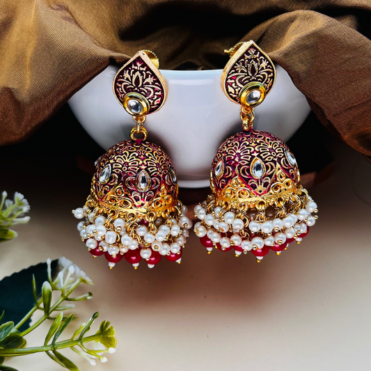 Gold Platted Meenakari Jhumka Earrings