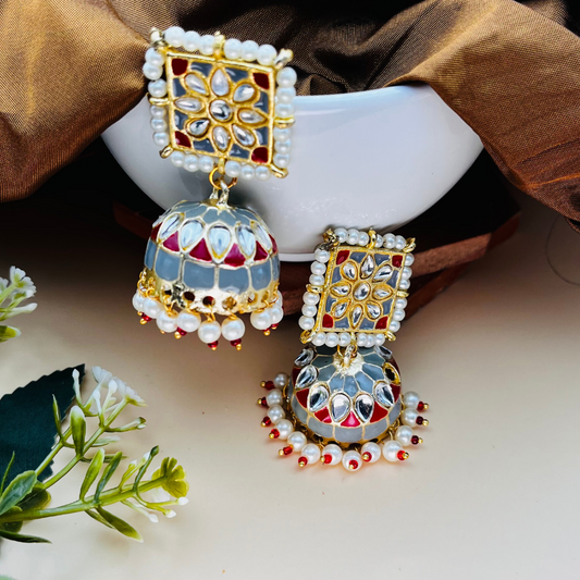 Grey Red Jhumkas Earrings
