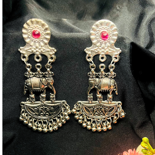 Oxidized Silver-Plated Stone-Studded Dangler Earrings