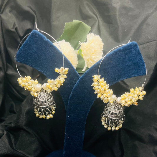 Silver-Plated Oxidised Hoop Earrings with Beads
