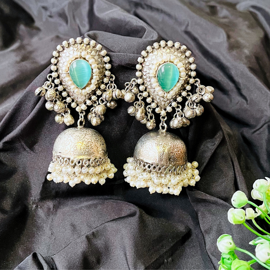 Premium German Silver Monalisa Stone with Ghungroo Jhumka Earrings