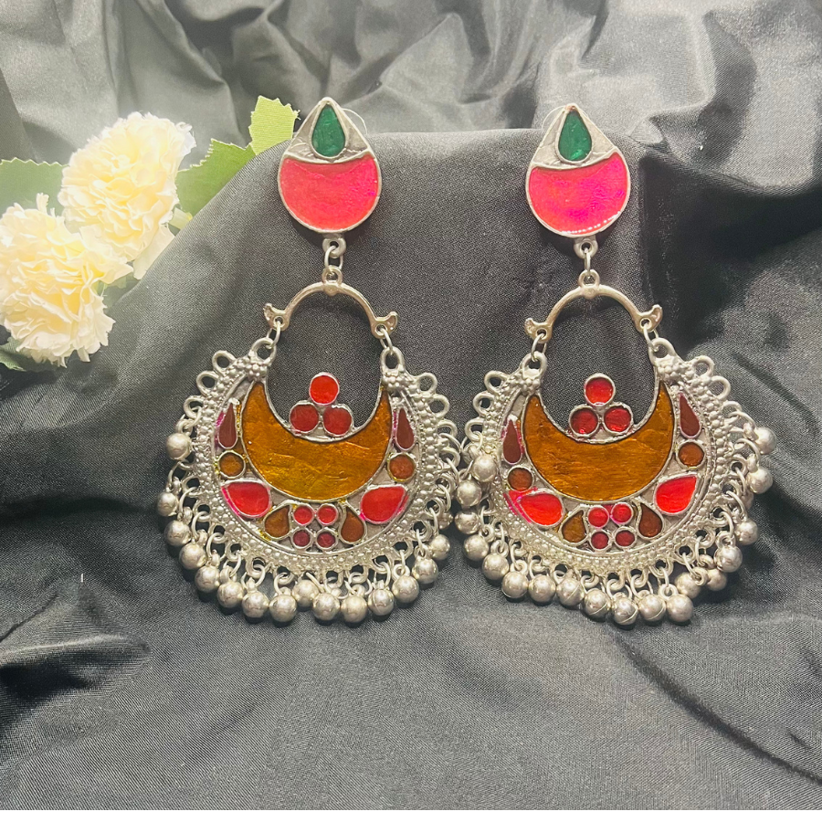 Silver-Plated Orange Classic Chandbalis Earrings