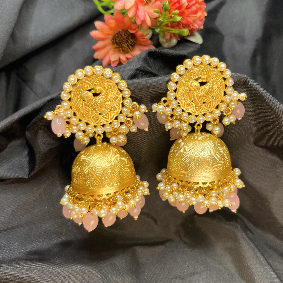 Gold-Plated Pink Kundan & Beaded Jhumkas Earrings