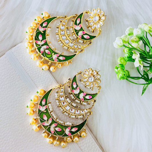 Green Meenakari Chandbali Earrings