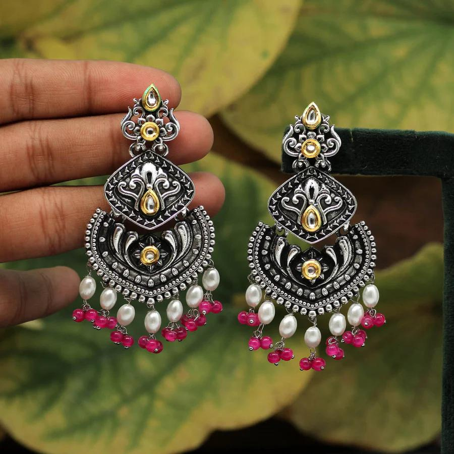 Pink Stone Oxidised Dual Tone Earrings