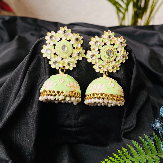 Mint Lotus Gold Plated Jhumki Earrings