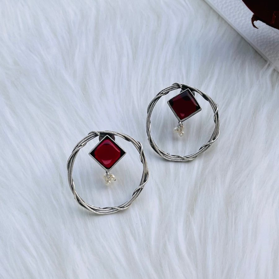 German Silverv Hoop Monalisa Stone Studs Earrings