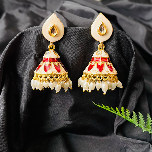 Cream and Red Gold Plated Small Jhumki Earrings