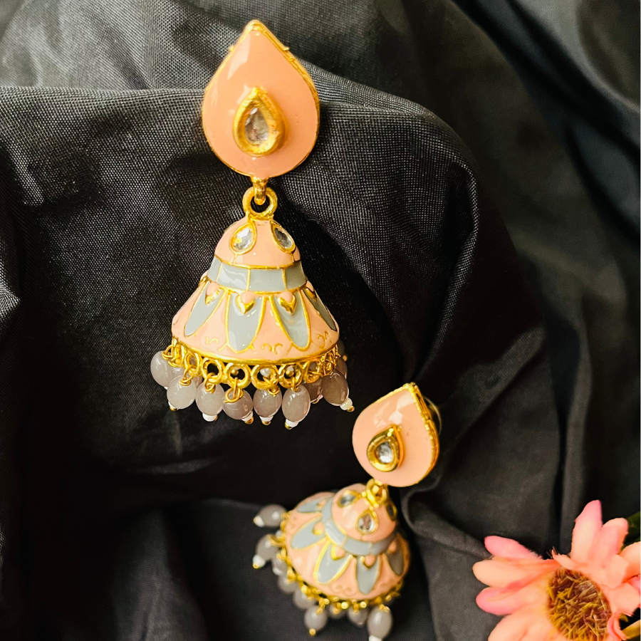 Pink & Grey Gold Plated Small Jhumki Earrings