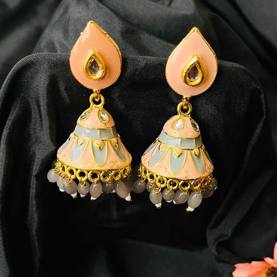 Pink & Grey Gold Plated Small Jhumki Earrings