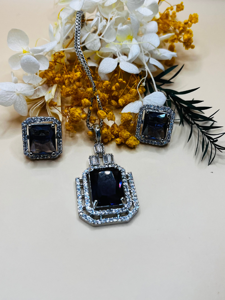 Premium Quality Purple AAA CZ Pendant Studs Set with Chain
