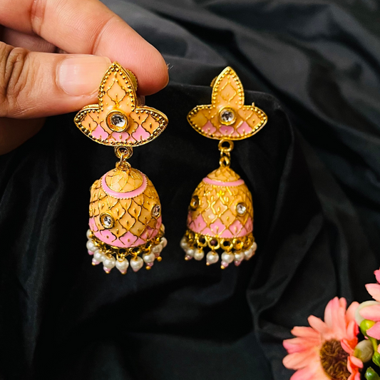 Pink Gold Plated Enamelled Small Jhumki Earrings