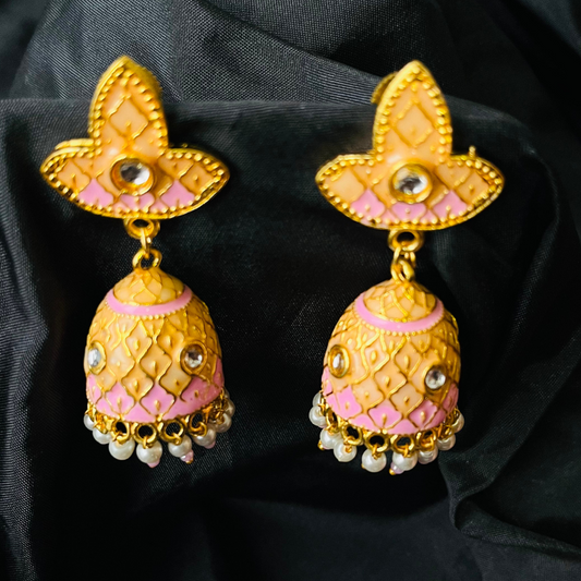Pink Gold Plated Enamelled Small Jhumki Earrings