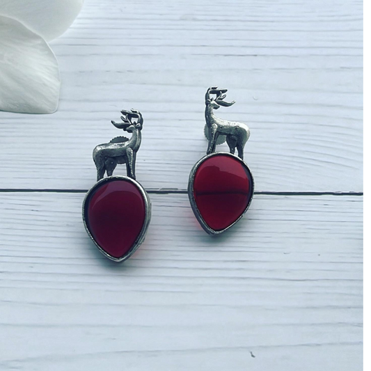 German Silver Deer Monalisa Stone Studs Earrings
