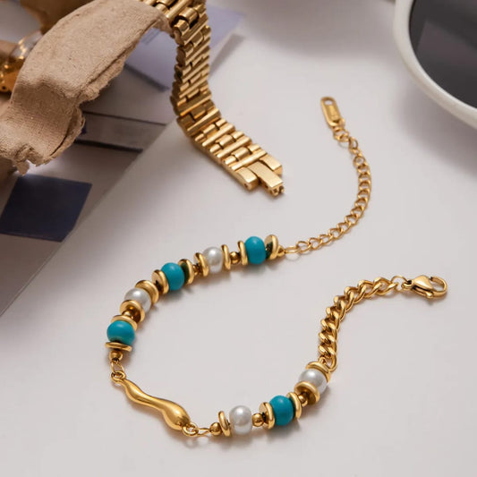 Blue Beads & Pearl Chain Bracelet