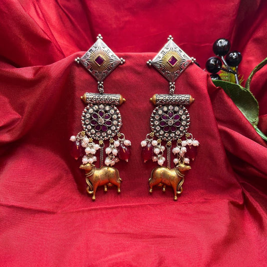 Red Premium Oxidised Two Tone Earrings