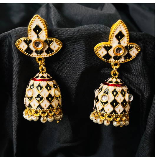 Black & Off White Gold Plated Enamelled Small Jhumki Earrings