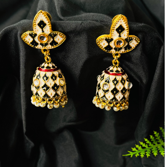 Black & Off White Gold Plated Enamelled Small Jhumki Earrings