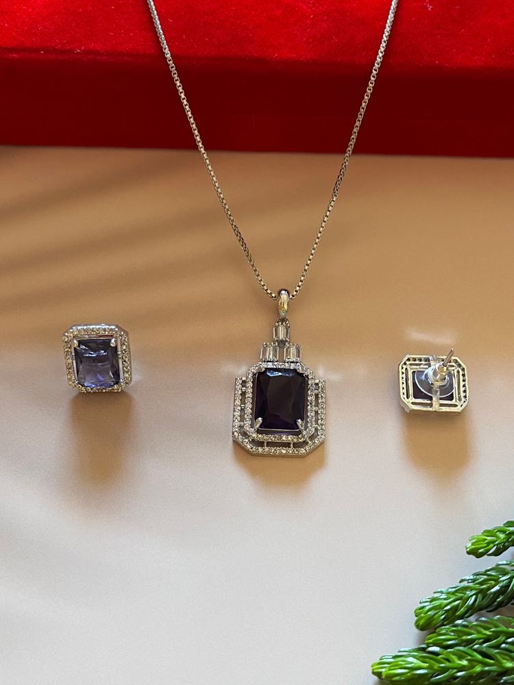 Premium Quality Purple AAA CZ Pendant Studs Set with Chain