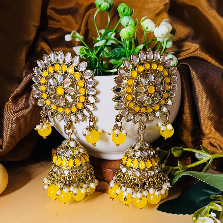 Yellow Color Mirror Jhumkas Earring