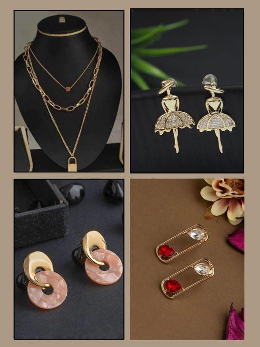 Set of 4 Combo pack of 3 Western Earring & 1 Necklace