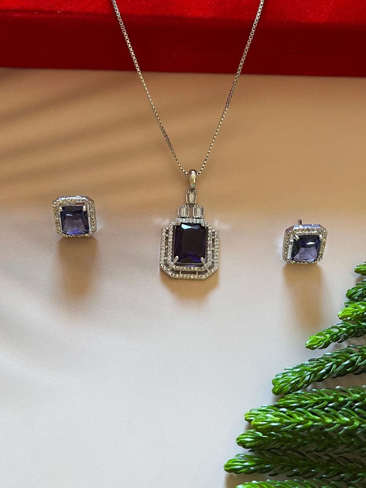 Premium Quality Purple AAA CZ Pendant Studs Set with Chain