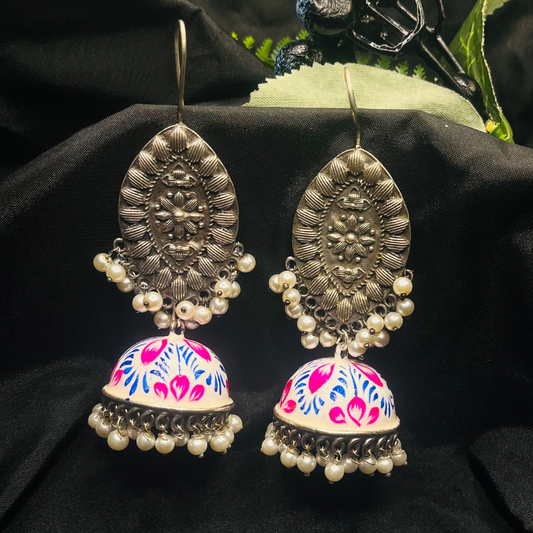 German Silver Meenakari White Jhumki Earrings
