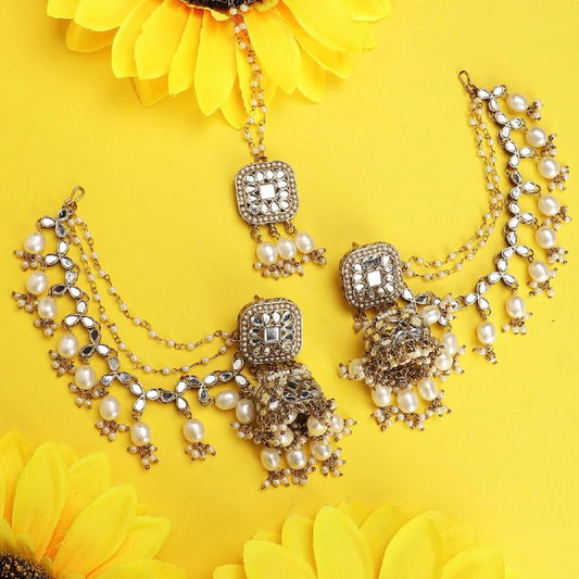 Mirror Jhumka Earchain Earring with Tikka