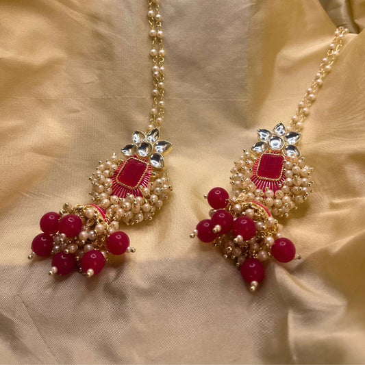 Pink Gold Tone Kundan Pearl Beaded Earrings With Ear Chains