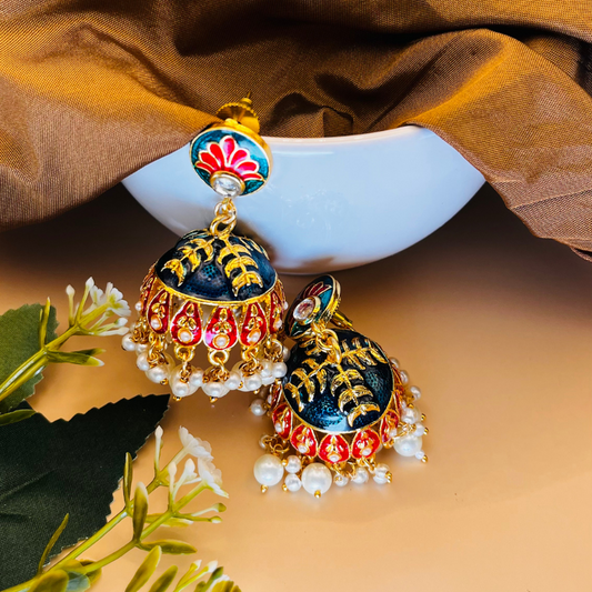 Peacock Green Gold Plated Dome Shaped Jhumkas
