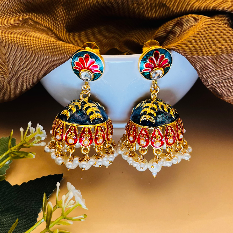 Peacock Green Gold Plated Dome Shaped Jhumkas