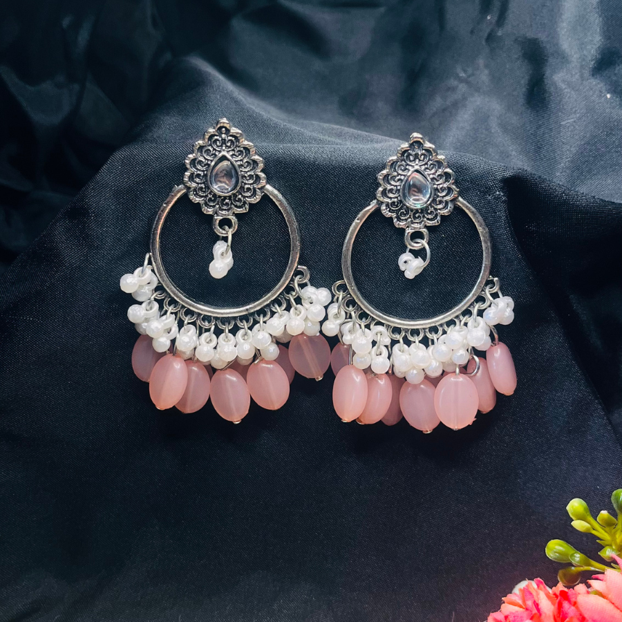 Oxidised Silver Platted Peach Stones Ethnic Earrings