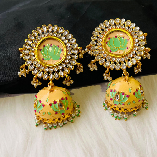 Peach Mint Lotus Meenakari Jhumka Earrings
