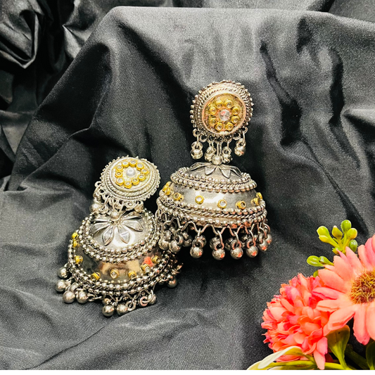 Dual Toned Silver-Plated Oxidized Dome Shaped Jhumkas Earrings