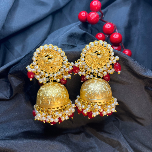 Gold-Plated Maroon Kundan & Beaded Jhumkas Earrings