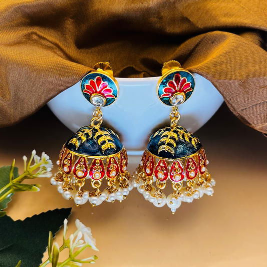 Peacock Green Gold Plated Dome Shaped Jhumkas