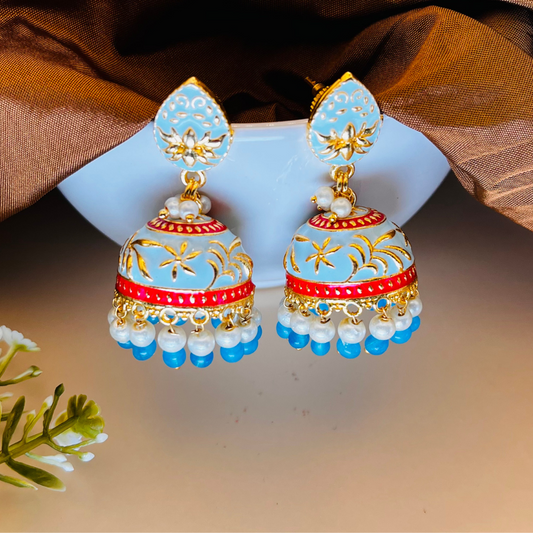 Sky Blue Gold Plated Dome Shaped Jhumkas
